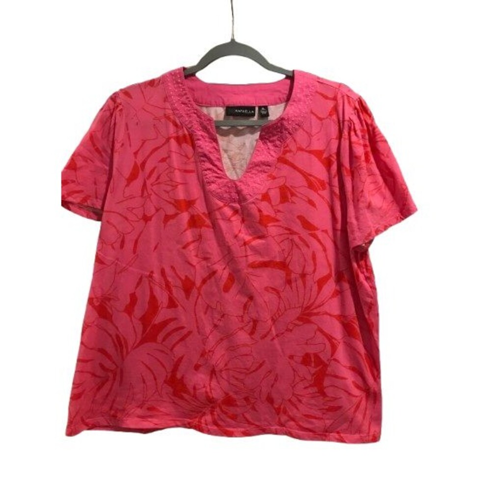 Women's XL Top Pull-Over Rafaella Short Sleeve 100% Cotton V-Neck